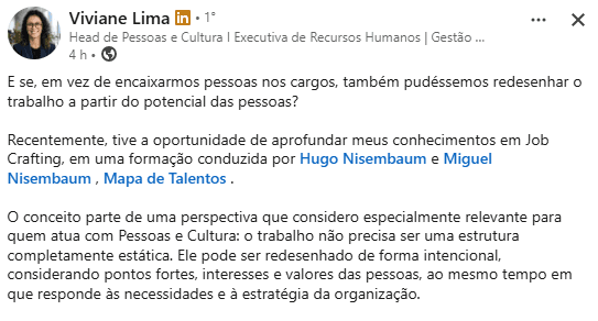 Depoimento de Viviane Lima, Head de Pessoas e Cultura, sobre o curso Job Crafting
