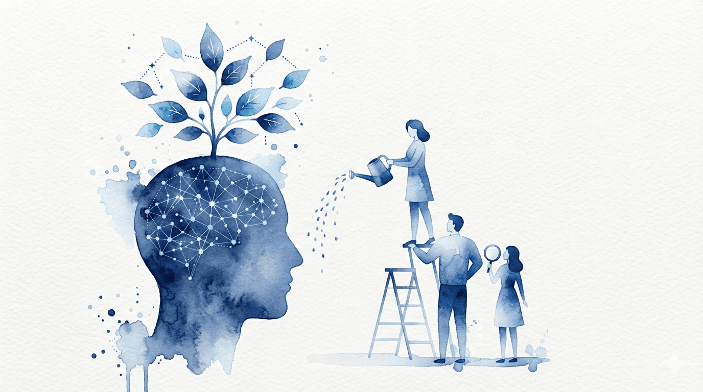 Ilustração em aquarela de uma cabeça humana da qual brota uma árvore, enquanto pessoas regam e cuidam dos galhos — metáfora do desenvolvimento de talentos